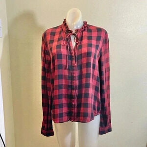 Stone Row Women’s S (4/6) Buffalo Plaid Check Ruffle Collar Tie V Button Front